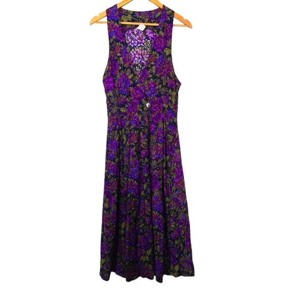 Vintage Floral Black Purple Long Sleeveless Sundress - Picture 2 of 10